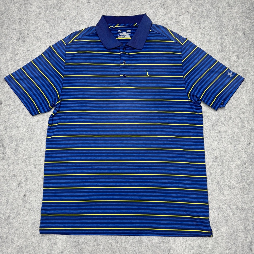 Under Amour HeatGear PoloShirt Mens Large Blue Yellow Striped Howling Wolf Logo